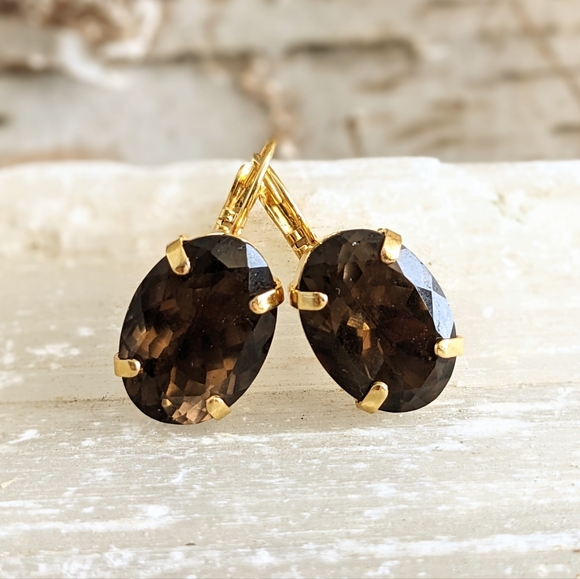 32 CT. Large Natural Brown Smoky Quartz / Topaz In Gold Plated Earrings - Picture 2 of 7